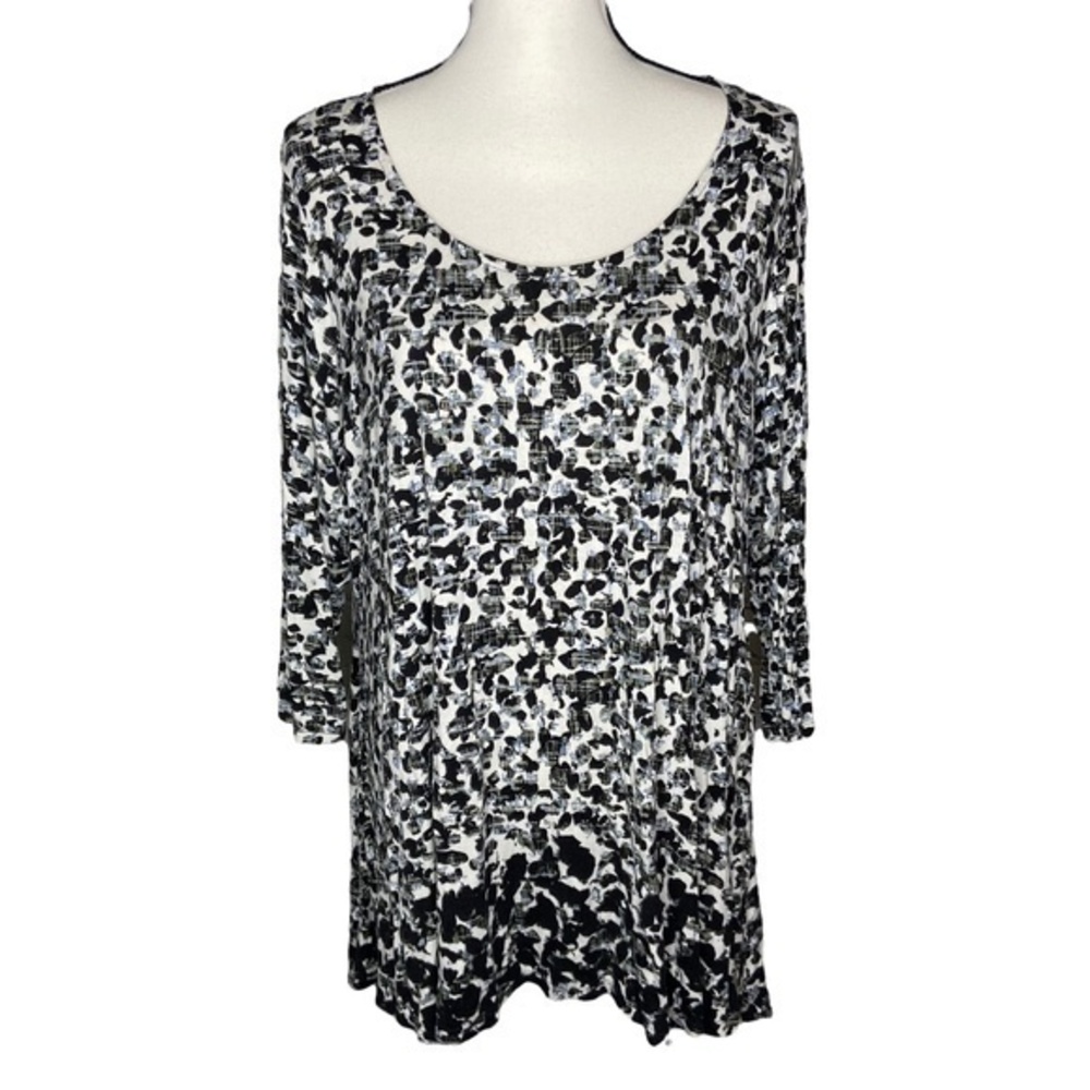 Rose & Olive Top Black and White Print Three Quarter Sleeve Tunic‎ Top Size 2X